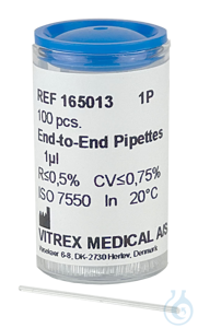 Einmal-Volumenkapillaren, end to end, ISO 7550, Dose zu 100 St. (Größe 50 µl zu 50 St.), CE 1 µl