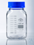Gewindeflaschen Vierkant, Boro 3.3, Klarglas, mit blauem Verschluss und blauem Ausgießring GL 80,...