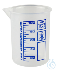 Griffinbecher aus Polypropylen, niedrige Form, gedruckte, blaue Skala 50 ml