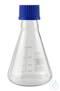 Erlenmeyerkolben, Enghals, Borosilikatglas 3.3 mit Gewinde und blauer Schraubverschlusskappe 100 ml