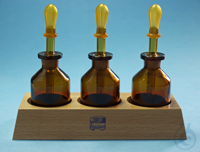 Wooden stands with 3 pipette bottles of amber glass, 50 ml without rubber...