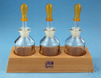 Wooden stands with 3 pipette bottles, clear glass, 50 ml without rubber teats...