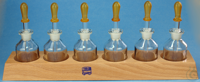 Wooden stands with 6 pipette bottles, clear glass, 50 ml without rubber teats...