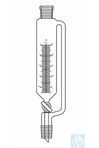 Druppeltrechter 100 ml, NS 14/23 Kraan met glazen plug, met drukcompensatie, gegradueerd