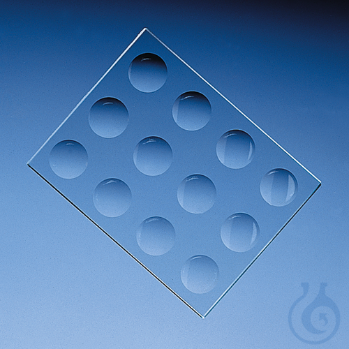 Färbeplatte, Natron-Kalk-Glas, 130x100x 6 mm 12 Vertiefungen D.20-22 mm
