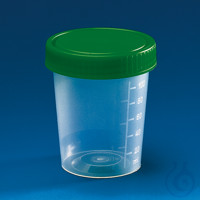 Urine beaker, PP, screw cap, IVD grad. to 100 ml, non-sterile, green cap Urine beaker, PP, 100...
