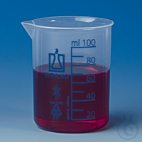 Beaker, low form, PP 400 ml : 50 ml, grad. blue Beaker, low form, PP, 400 ml: 50 ml, blue...