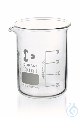 Becher, niedrige Form, Boro 3.3, 100 ml, mit Teilung und Ausguss