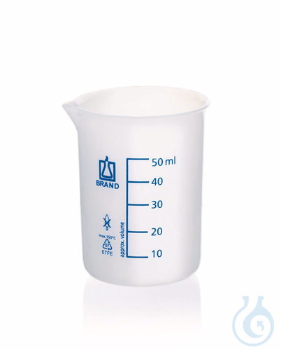 Becher, niedrige Form, ETFE, 50 ml: 10 ml, mit Teilung und Ausguss