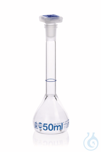 Messkolben, BLAUBRAND, Kl. A, DE-M, 50 ml, Boro 3.3 NS 12/21 PP-Stopfen Messkolben, BLAUBRAND®,...
