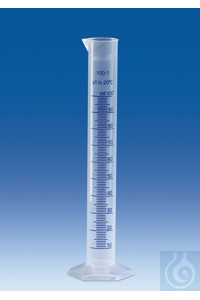 Graduated cylinders, PP, tall form,
100 ml : 1 ml, blue scale