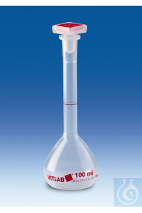 Volumetric flask, PMP, class A,
100 ml, with stopper, NS 14/23,
with ring-mark, imprinted Lot...
