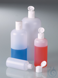 Round bottle 250 ml, HDPE with hinged lid   Round bottles, HDPE, with snap closure, PP For...