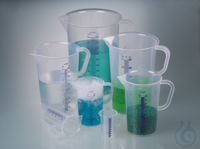 Graduated beaker w/handle, PP, 2000 ml, blue grad. Graduated beakers made of PP are virtually...