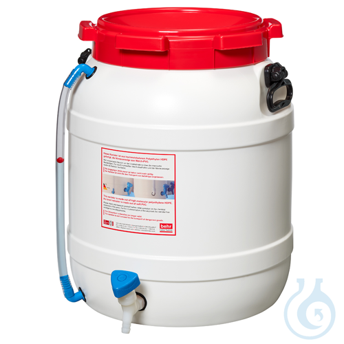 WF55H behroplast Weithalsfass 55 l weiß mit rotem Schraubdeckel mit Hahn und Niv