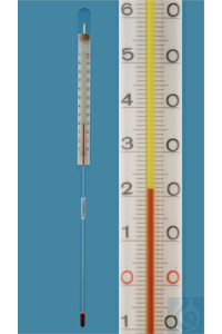 Straight stem thermometer with fine subdivision, enclosed scale, 0+100:0,5°C, capillary prismatic...