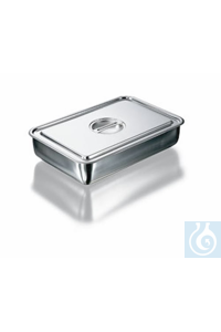 Instrument tray, stainless steel, rounded corners, lid with recessed handle, length 230 mm, width...