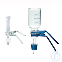 Portafiltros membranas vidrio borosil.(embudo+soporte+pinza Al+tapón), frita vid