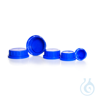 Capuchon avec bague d´inviolabilité en PP, bleu, pour flacons carrés à filetage à col large, GL 54 K