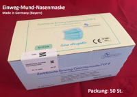 Mund-Nasenmaske Typ II, Made in Germany, mit Gummiband u. Nasenbügel, VE 50...