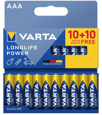 Batterien VARTA, AAA, Longlife Power, Alkaline, 1,5V, VE= 20 Stück, 60803952