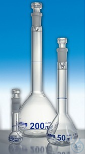 Messkolben, 300 ml, Klasse A, Klarglas  Messkolben, 300 ml, Klasse A, Klarglas, Boro 3.3, blau...