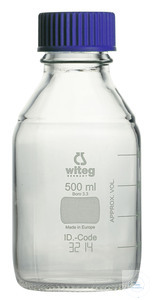 Laborflaschen, mit Schraubkappe und Ring, mit ISO-Gewinde, graduiert, Boro 3.3, 500 ml, GL 45,...