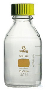Laborflaschen 500 ml, GL 45, Borosilikatglas 3.3, gelb graduiert (Color-Code), entspricht ISO...