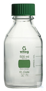 Laborflaschen 500 ml, GL 45, Borosilikatglas 3.3, grün graduiert (Color-Code), entspricht ISO...
