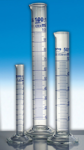 Messzylinder, 100 ml, Klasse B, Sechskantfuß, hergestellt aus DURAN Komponenten, blau graduiert