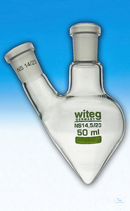 Flask, pear shaped, 25 ml, 2 necks, side neck   angled, center- & side neck ST 14/23