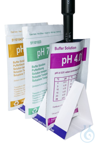 Bufferoplossingen in zakjes, set met 20 zakjes, pH 4 / 7 / 10 Bufferoplossingen in een zakje 
Set...