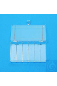 Lagerkasten PS 210x120x35 mm transparent, mit Scharnierdeckel und Längsteilung.