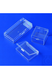 Scharnierdose PS 76x53x14 mm transparent, Deckel mit Kunststoffscharnier.