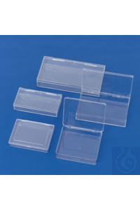 Scharnierdose PS 127x100x20 mm transparent, Deckel mit Kunststoffscharnier.