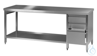 Labor Arbeitstisch (3) 18/10 Stahl, 2500x750x900mm, mit Grundboard, 1 Schubladenblock rechts à 2...