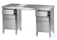 Laboratory worktable (4) 18/10 steel, 2000x750x900mm, without ground board, 2 drawerblocks à 2...