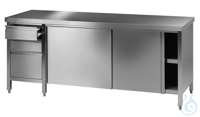Labor Arbeitstisch (7) 18/10 Stahl, 2500x750x900mm, mit Schiebetüren, 1 Schubladenblock à 2...