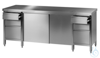 Labor Arbeitstisch (5) 18/10 Stahl, 2500x750x750mm, mit Schiebetüren, mit Schubladenblock à 3...