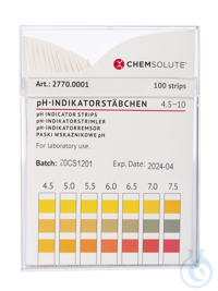pH-Indikatorstäbchen pH 4,5-10,0 (in 0,5 pH Abstufungen, 100 Stück) VE=  100...