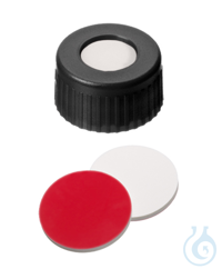 Kurzgewindekappe ND9. PP. schwarz. 6 mm Mittelloch. Septum Silikon weiß/PTFE...