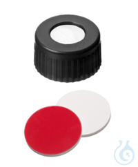 Kurzgewindekappe ND9. PP. schwarz. 6 mm Mittelloch. Septum Silikon weiß/PTFE...