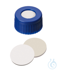 Kurzgewindekappe ND9. PP. blau. 6 mm Mittelloch. Septum Silikon weiß/PTFE...
