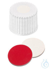 Schraubkappe ND8. PP. weiß. 5.5 mm Mittelloch. Septum Silikon creme/PTFE rot....