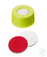 Kurzgewindekappe ND9. PP. gelb. 6 mm Mittelloch. Septum Silikon weiß/PTFE...