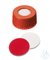 Kurzgewindekappe ND9. PP. rot. 6 mm Mittelloch. Septum Silikon weiß/PTFE rot....
