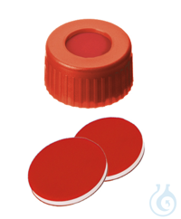 Kurzgewindekappe ND9. PP. rot. 6 mm Mittelloch. Septum PTFE rot/Silikon...