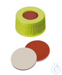 Kurzgewindekappe ND9. PP. gelb. 6 mm Mittelloch. Septum RedRubber/PTFE beige....