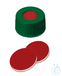 Kurzgewindekappe ND9. PP. grün. 6 mm Mittelloch. Septum PTFE rot/Silikon...