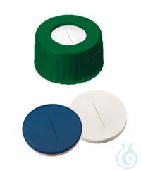 Kurzgewindekappe ND9. PP. grün. 6 mm Mittelloch. Septum Silikon weiß/PTFE...